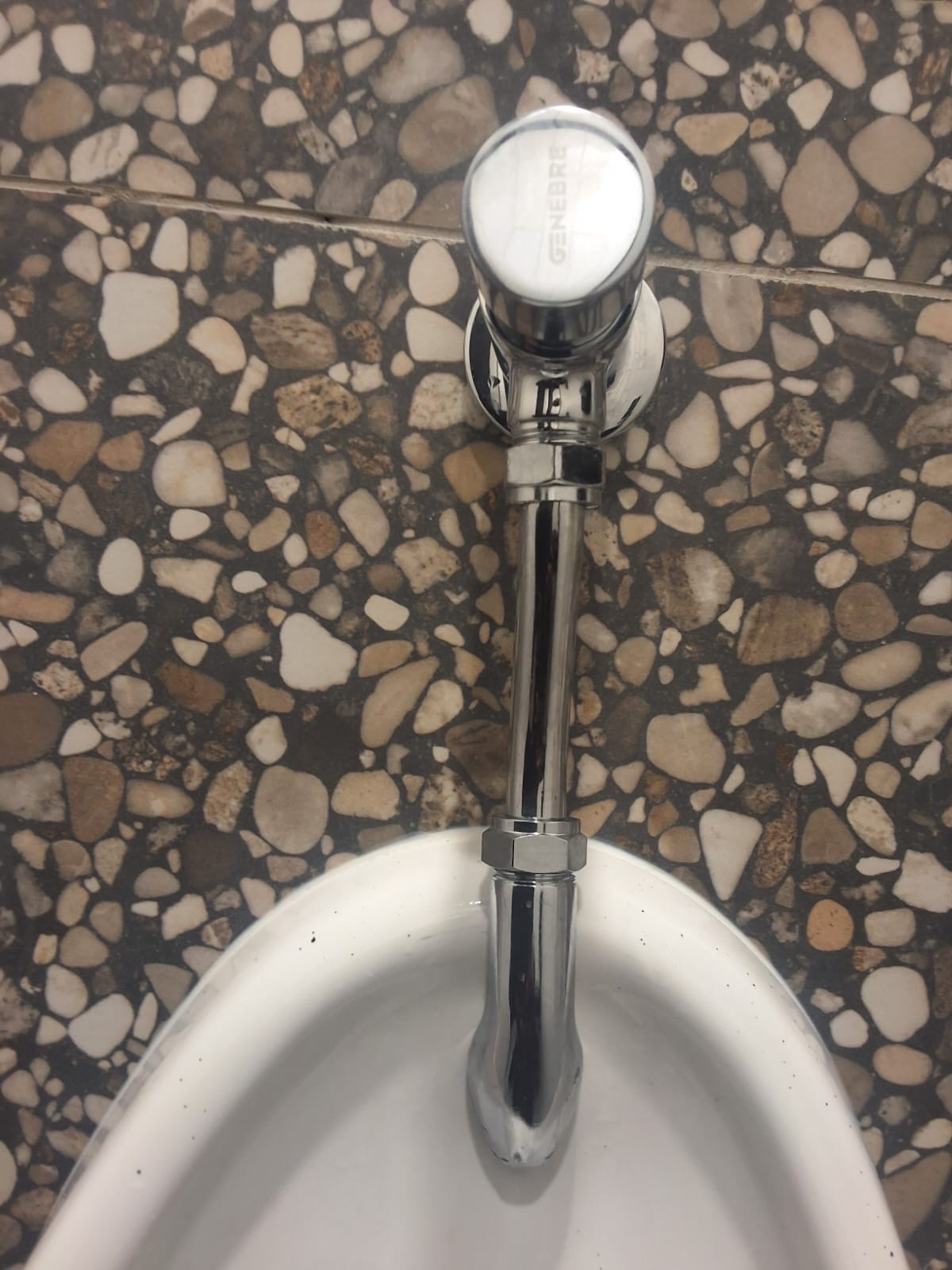Chrome flush valve and pipe fitted to a urinal
